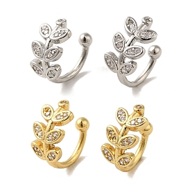 Rack Plating Brass Micro Pave Cubic Zirconia Clip-on Earrings, Long-Lasting Plated, Lead Free & Cadmium Free, Leaf