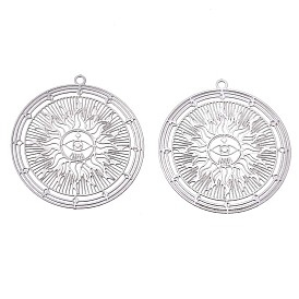 201 Stainless Steel Filigree Pendants, Etched Metal Embellishments, Flat Round with Sun