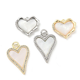 Brass Micro Pave Clear Cubic Zirconia Pendants, with Shell, Heart Charms