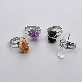 Adjustable Wire Wrapped Natural Gemstone Finger Rings, with Platinum Plated Brass Findings, Nuggets