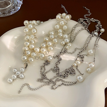 2шт. крестообразный сплав и пластиковый искусственный жемчуг подвеска многослойные ожерелья для женщин, белые