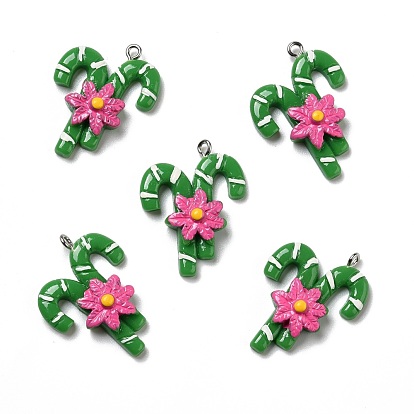 Opaque Resin Pendants, with Platinum Tone Iron Loops, Christmas Cane