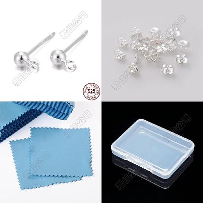 3Stück 925 Ohrstecker-Zubehör aus Sterlingsilber, mit 925 Stempel, 3 Stück 304 Ohrmuttern aus Edelstahl, 1pc Wildleder Stoff quadratisch Silber Poliertuch