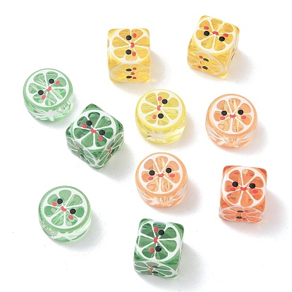 Печатные прозрачные акриловые бусины, Кубик/плоский круглый с ломтиком лимона и апельсина