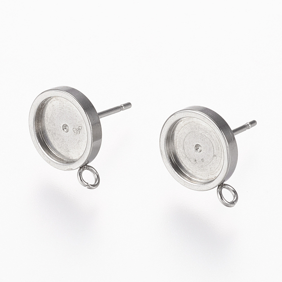 304 Stainless Steel Stud Earring Settings, with Loop, Flat Round