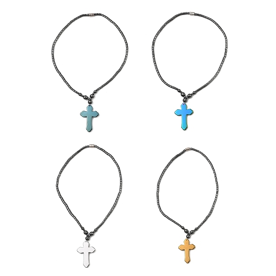 Synthetic Non-Magnetic Hematite Cross Pendant Necklaces for Women Men, with Alloy Magnetic Clasp