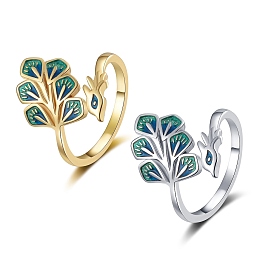 Brass Open Cuff Rings for Women, with Enamel, Peacock