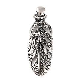 316 Surgical Stainless Steel Big Pendants, with Rhinestone, Feather with Skull Charm