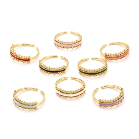Brass Micro Pave Cubic Zirconia Cuff Ring, with Enamel, Real 18K Gold Plated