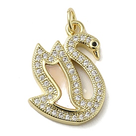 Brass Micro Pave Cubic Zirconia Pendants, with Shell, Swan