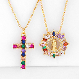 Colorful CZ Inlaid Cross and Virgin Mary Pendant Necklace (NKQ16)