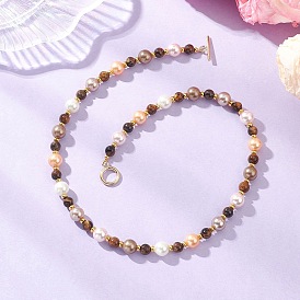 9мм жемчужные ракушки с 7мм натуральным тигровым глазом круглые бусины ожерелья для женщин, красочный