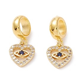 Brass Cubic Zirconia European Dangle Charms, Largr Hole Pendants, Long-Lasting Plated, Real 18K Gold Plated, Heart with Eye