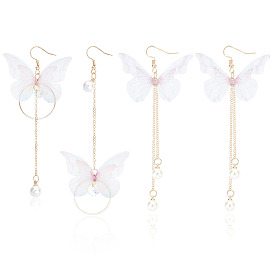 2 пары 2 стильные тканевые бабочки с пластиковыми жемчужными бусинами висячие серьги, железные цепочки с кисточками, длинные серьги-подвески с железными булавками для женщин