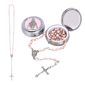 2 шт. ожерелья с подвеской в виде креста из сплава и искусственного жемчуга, с железными розовыми эмалированными круглыми коробками