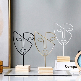 Abstract Face Iron Earrings Storage Rack, Wooden Base Necklaces Display Holder, Jewelry Storage Stands