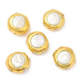 Baroque Style Natural Keshi Pearl Beads, Long-Lasting Plated, with Golden Plated Brass Edge, Flat Round
