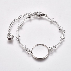 304 Stainless Steel Bracelet Making, with Lobster Claw Clasps, Cross Link Chains and Flat Round Cabochon Settings