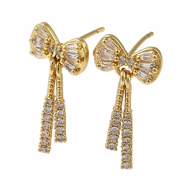 Rack Plating Bowknot Brass Stud Earrings, Cubic Zirconia Dangle Earrings for Women, Long-Lasting, Lead Free & Cadmium Free