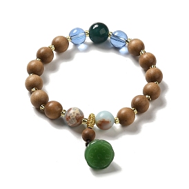 Synthetic Shoushan Stone & Sandalwood Beaded Stretch Bracelets with Glass Lotus Pod Charms