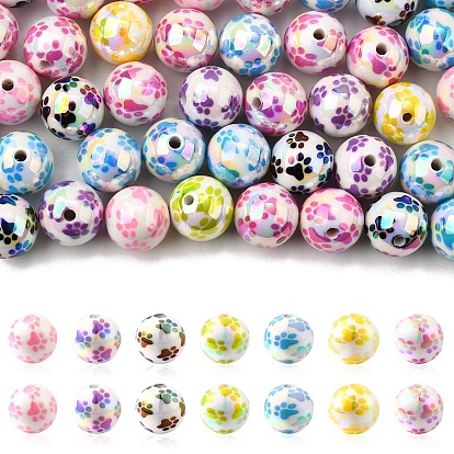 50 шт. цветных непрозрачных акриловых бусин с печатным рисунком, круглый с рисунком лапы