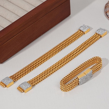 304 Stainless Steel Mesh Chain Bracelet with Cubic Zirconia Rectangle Magnetic Clasps