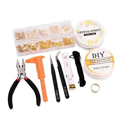 Jewelry Making Tool Sets, Including Carbon Steel Pliers, PU Iron Soft Tape Measure, Brass Rings, Vernier Caliper, Stainless Steel Tweezers, Copper Wire, Elastic Crystal Thread, Nylon Cord