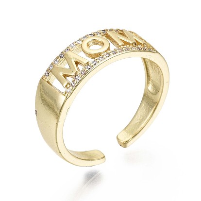 Brass Micro Pave Clear Cubic Zirconia Cuff Rings, Open Rings, Mother's Day Gifts, Nickel Free, Word Mom