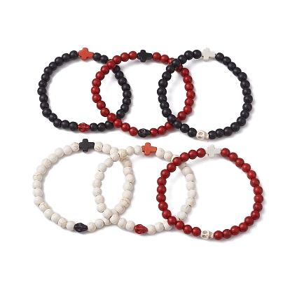 Эластичные браслеты из синтетической бирюзы с черепом и крестиком на Хэллоуин, диаметр 6 мм, круглые эластичные браслеты из бисера