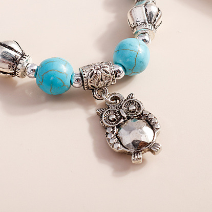 Owl Alloy Charm Bracelets, Synthetic Turquoise Beaded Bracelets for Women