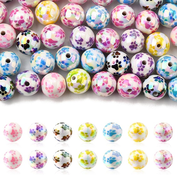 50 шт. цветных непрозрачных акриловых бусин с печатным рисунком, круглый с рисунком лапы