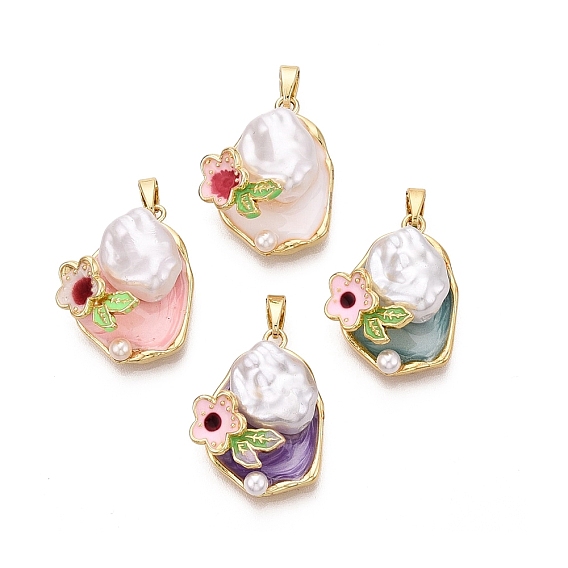 Латунь эмаль подвески, подвески в виде слезинок и цветов, с ABS имитации жемчуга, реальный 18 k позолоченный