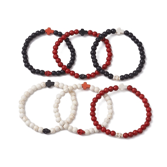 Эластичные браслеты из синтетической бирюзы с черепом и крестиком на Хэллоуин, диаметр 6 мм, круглые эластичные браслеты из бисера