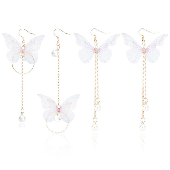 2 пары 2 стильные тканевые бабочки с пластиковыми жемчужными бусинами висячие серьги, железные цепочки с кисточками, длинные серьги-подвески с железными булавками для женщин