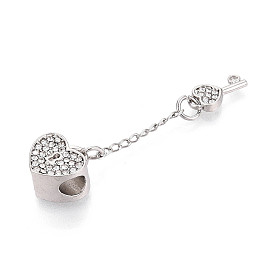 Alloy Rhinestone European Dangle Charms, Large Hole Pendants, Heart Lock & Key