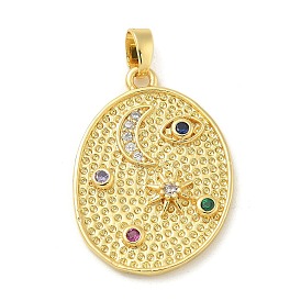 Brass Micro Pave Cubic Zirconia Pendants, Oval with Moon & Eye Pattern Charms