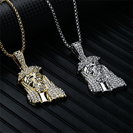 Vintage Alloy Crystal Rhinestone Jesus Head Pendant Necklaces