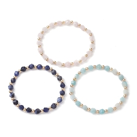 6mm Round Faceted Natural Mixed Gemstone & Brass Beaded Stretch Bracelets for Women Men