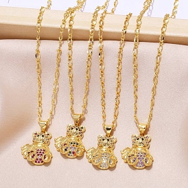Cubic Zirconia Bear Pendant Necklace, with Golden Brass Figaro Chains
