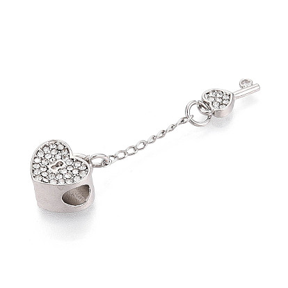 Alloy Rhinestone European Dangle Charms, Large Hole Pendants, Heart Lock & Key