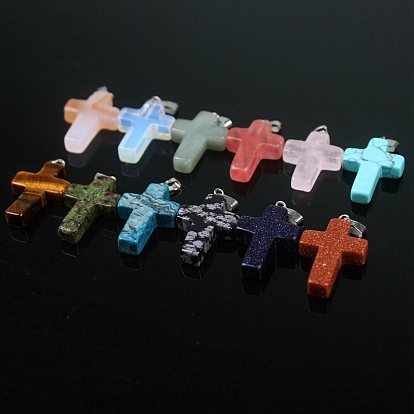 Natural & Synthetic Gemstone Pendants, with Platinum Tone Brass Findings, Cross