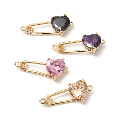 Heart Shaped Glass Connector Charms, Real 18K Gold Plated Brass Safety Pin Links