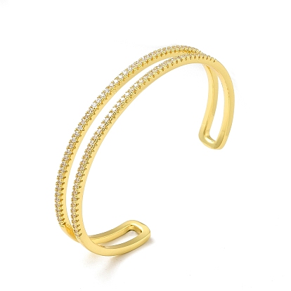Clear Cubic Zirconia Double Line Open Cuff Bangle, Rack Plating Brass Jewelry for Women, Lead Free & Cadium Free
