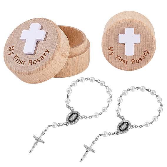 Браслеты из сплава с подвесками в виде креста, браслеты из искусственного жемчуга ABS с четками, с моими первыми четками, деревянными футлярами для хранения вещей с крышками