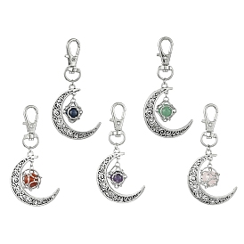 Natural Gemstone Pouch Pendant Decorations, Tibetan Style Alloy Hollow Moon and Swivel Lobster Claw Clasps Charm