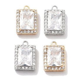 Brass Micro Pave Clear Cubic Zirconia Pendants, with Glass, Rectangle Charms