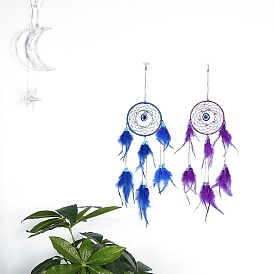 Woven Net/Web with Feather Art Wall Hanging Pendant Decorations, with Iron Rings, Evil Eyes