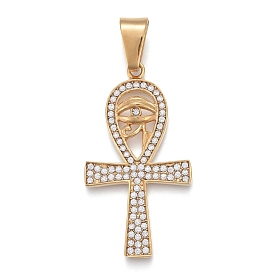 304 Stainless Steel Pendants, with Crystal Rhinestone, Ankh Cross with Eye of Horus