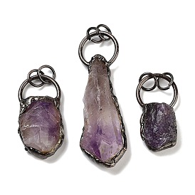 Natural Amethyst Big Pendants, Nuggets Brass Charms with Jump Ring, Red Copper