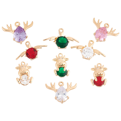 9Pcs 3 Styles 3 Colors Brass Glass Rhinestone Pendants, Long-Lasting Plated, Cadmium Free & Lead Free, Mixed Shapes